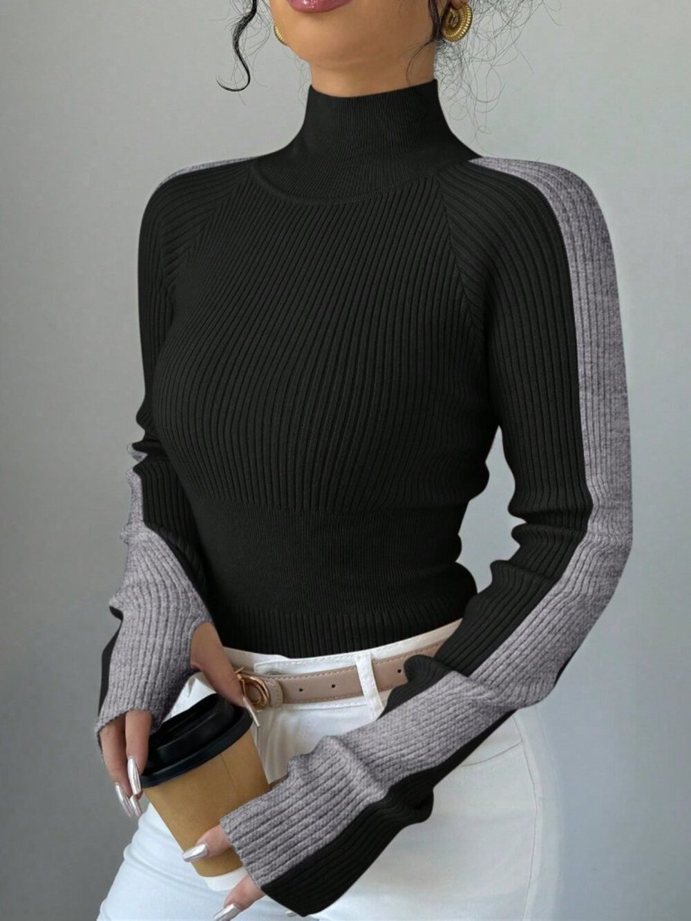Black Casual Women's Stand Collar Raglan Slim Fit Rib-Knit Long Sleeve Sweater